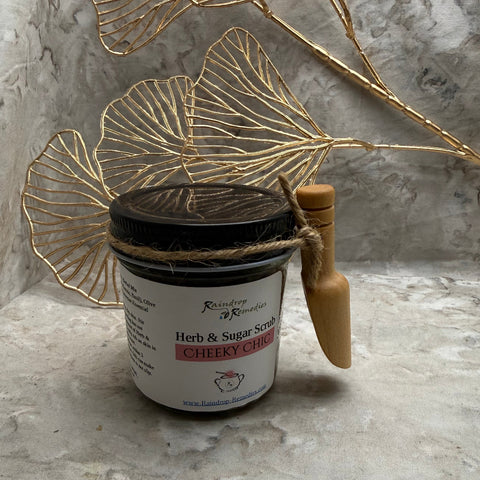 Cheeky Chic Herb & Sugar Scrub in glass jar